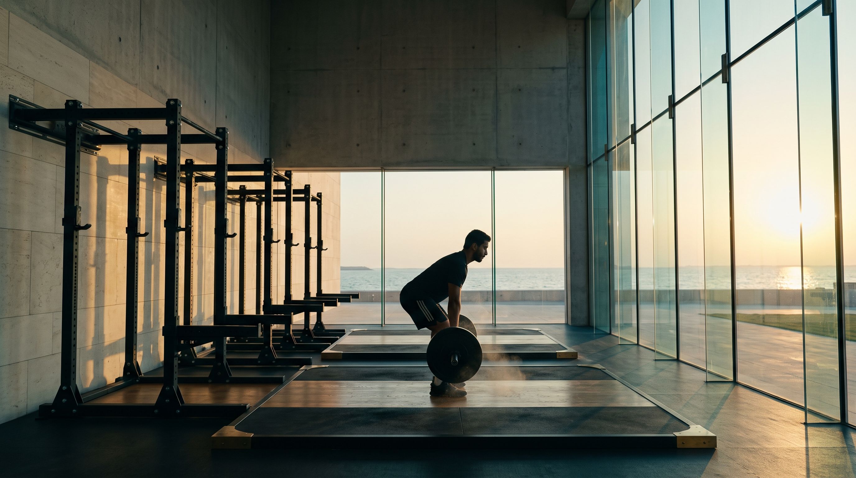 A member sets up a deadlift on the strength floor at sunrise, the Arabian Gulf beyond the glass.