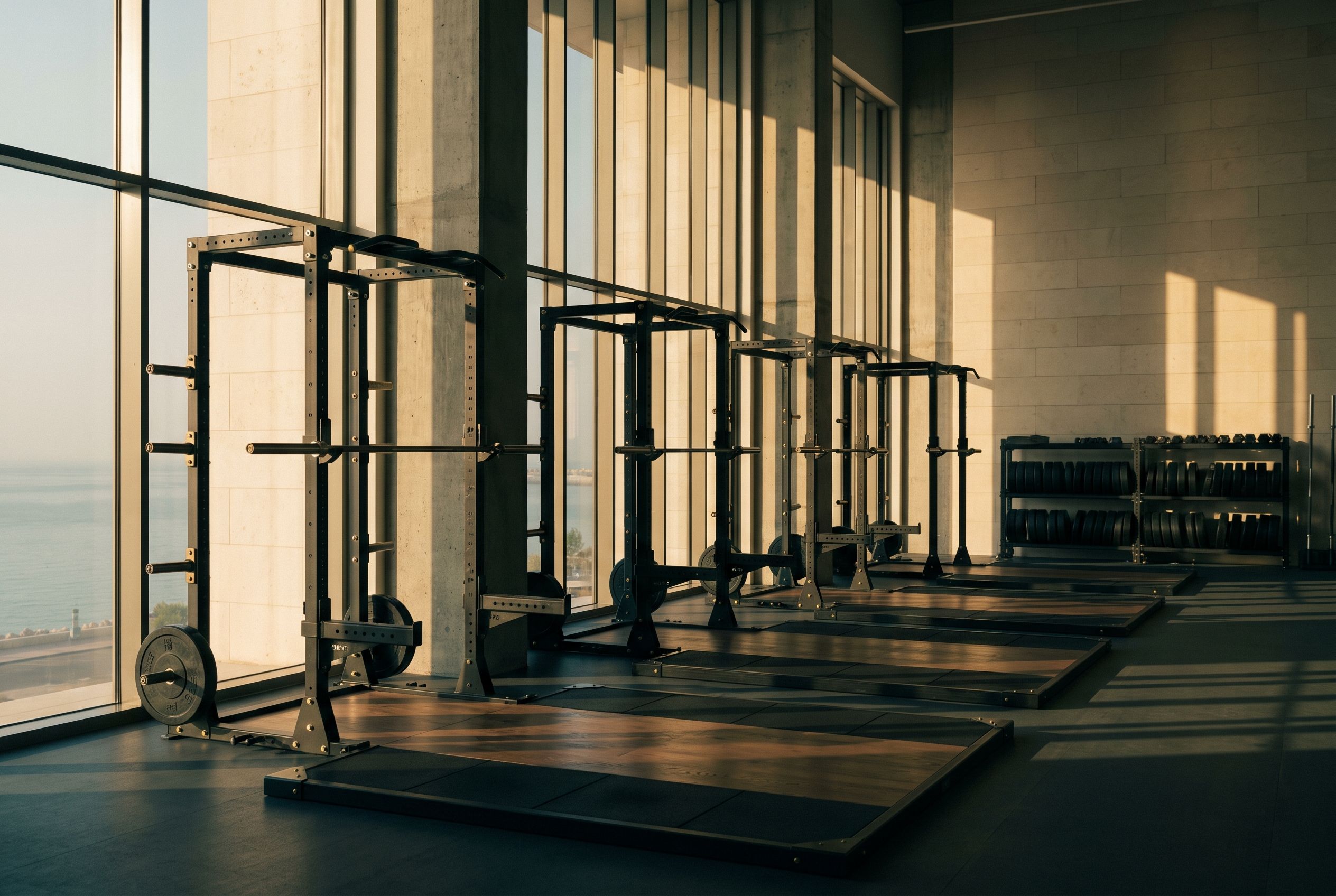 The strength floor: black steel racks and timber lifting platforms with brass corners, the sea beyond the glass.