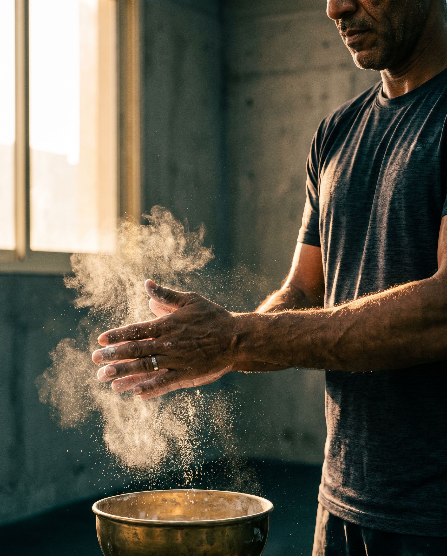 A member claps chalk over a brass bowl, the dust caught in a beam of sunlight.