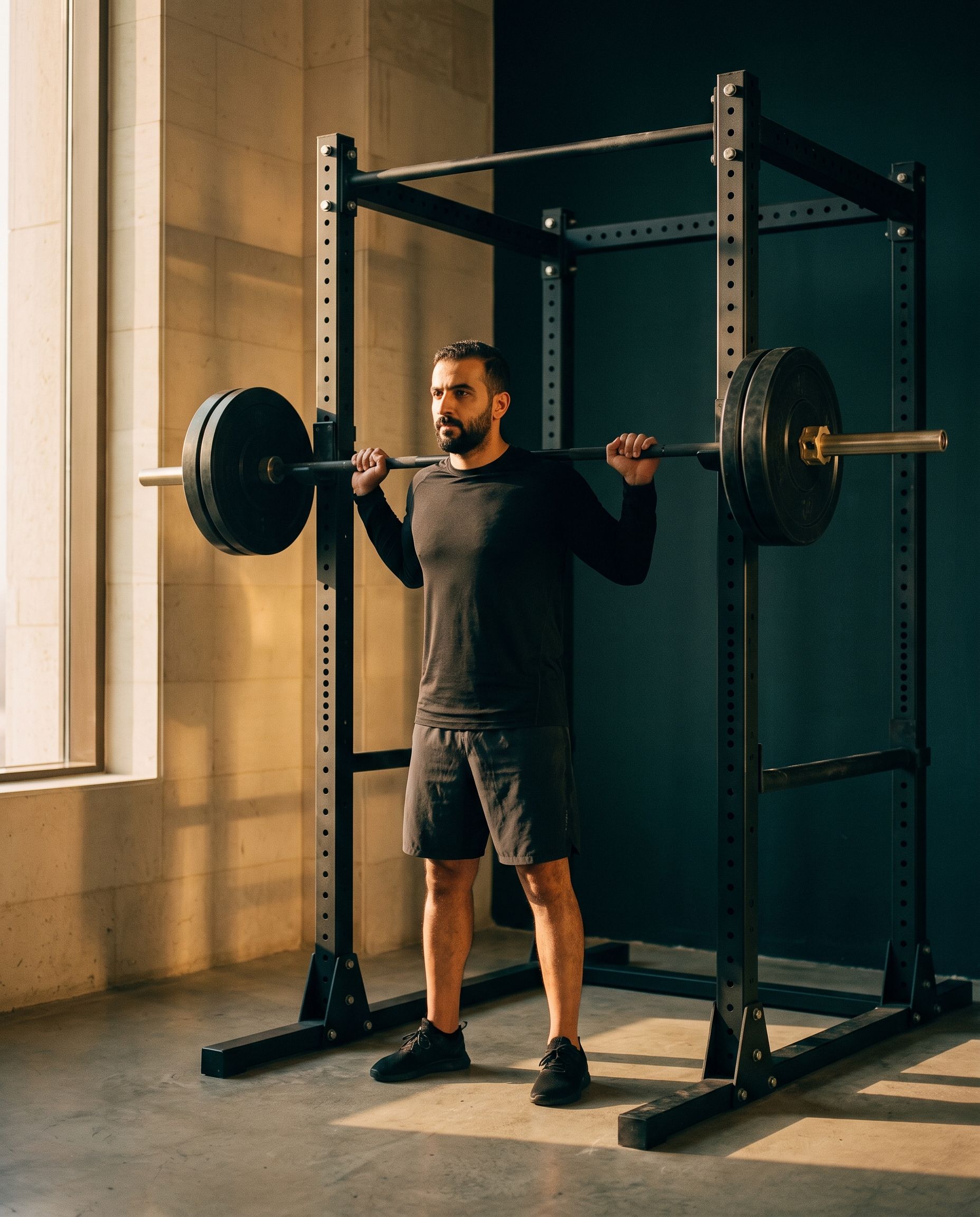 A member unracks a barbell inside a power rack, side-lit by the window.