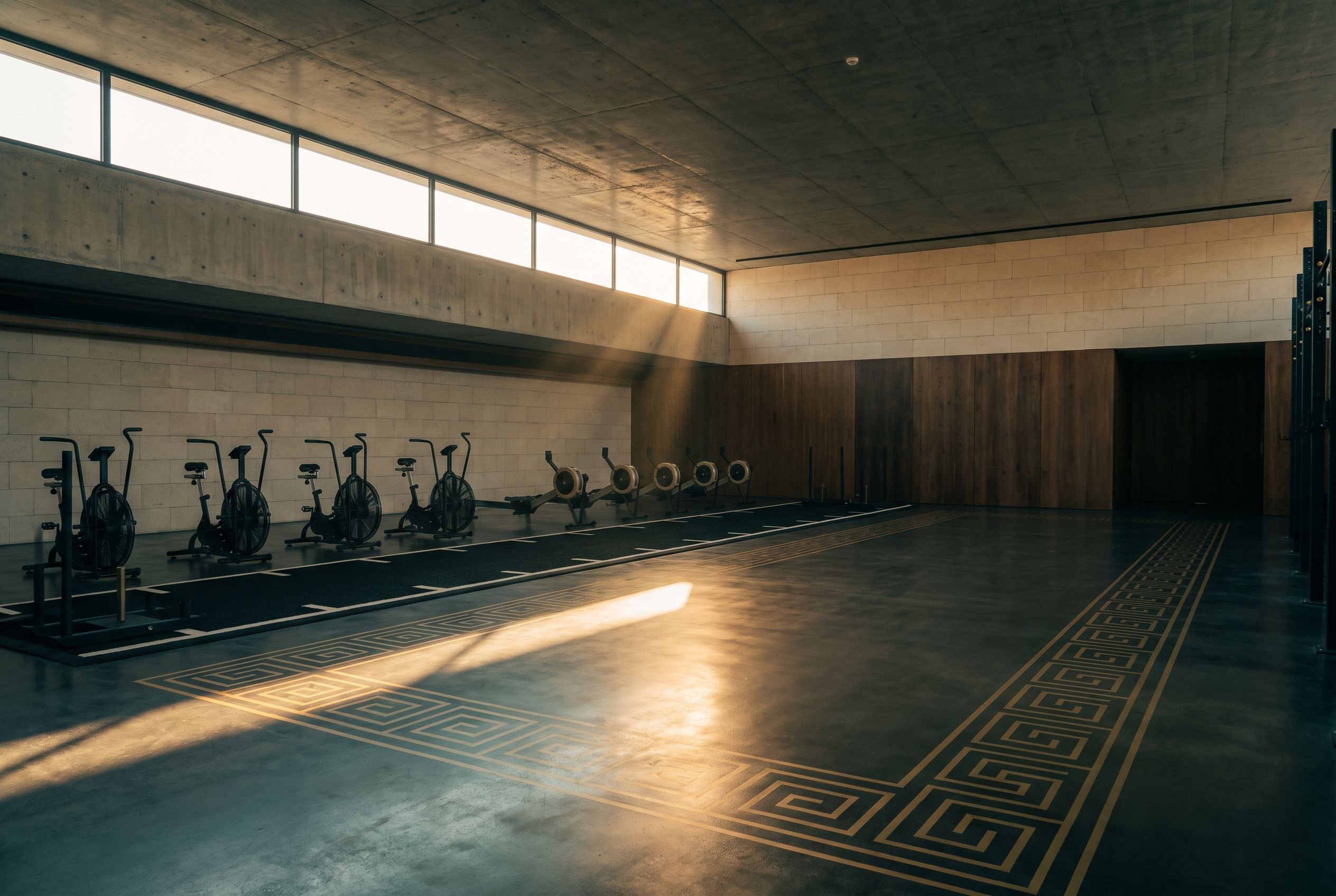 The conditioning hall: a sled track, rowers and air bikes, gold Greek-key lines painted on the concrete floor.