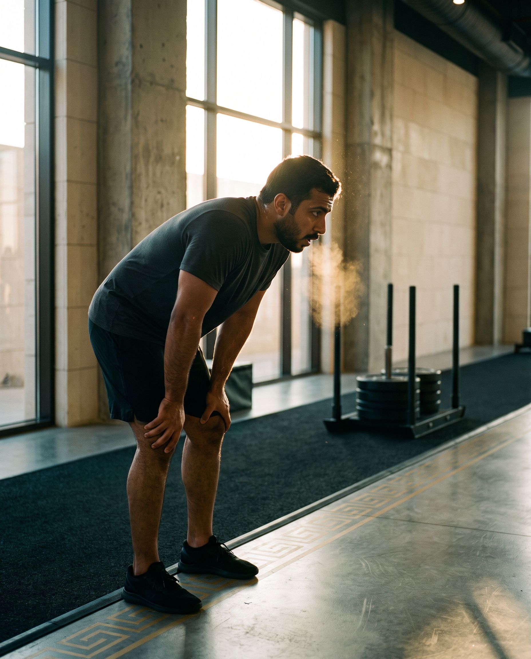 A member catches his breath after a sled sprint, the Greek-key line on the floor beside him.