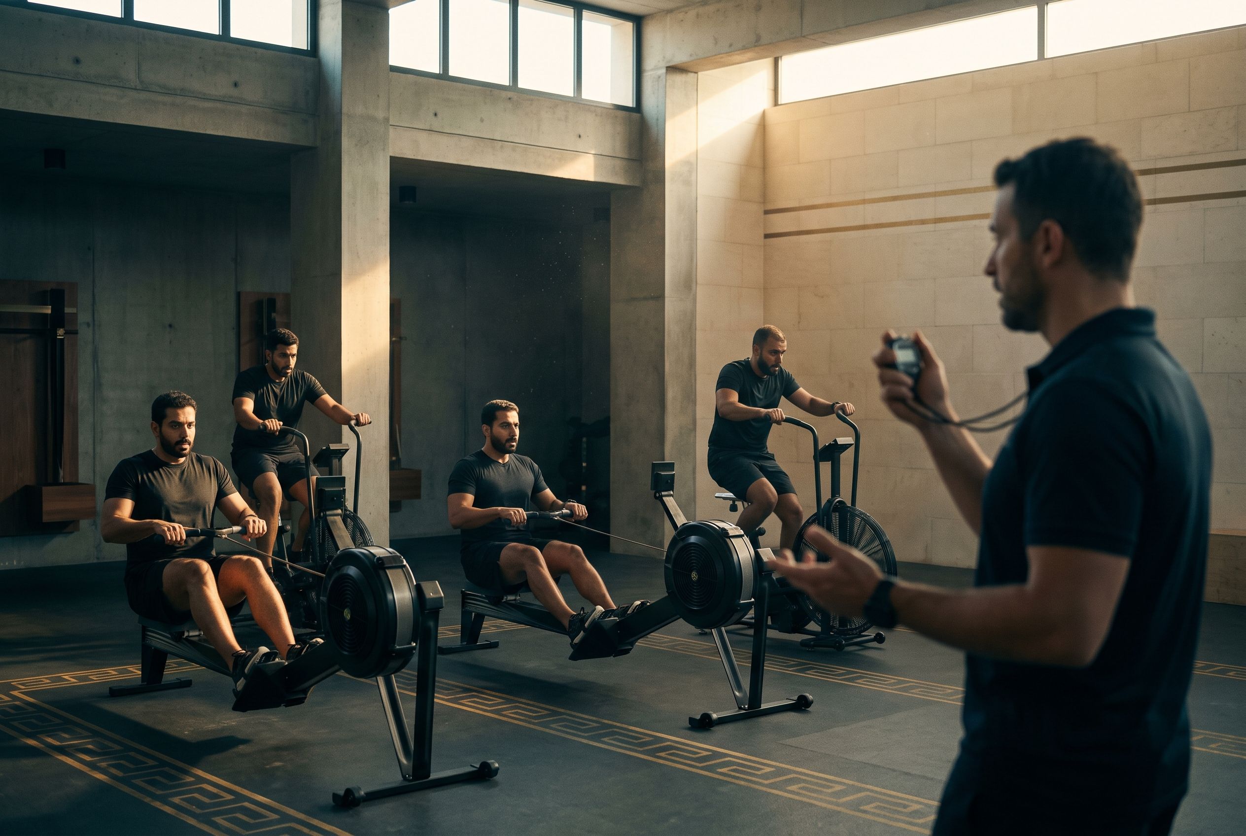 A coach calls time with a stopwatch as four members work on rowers and bikes.