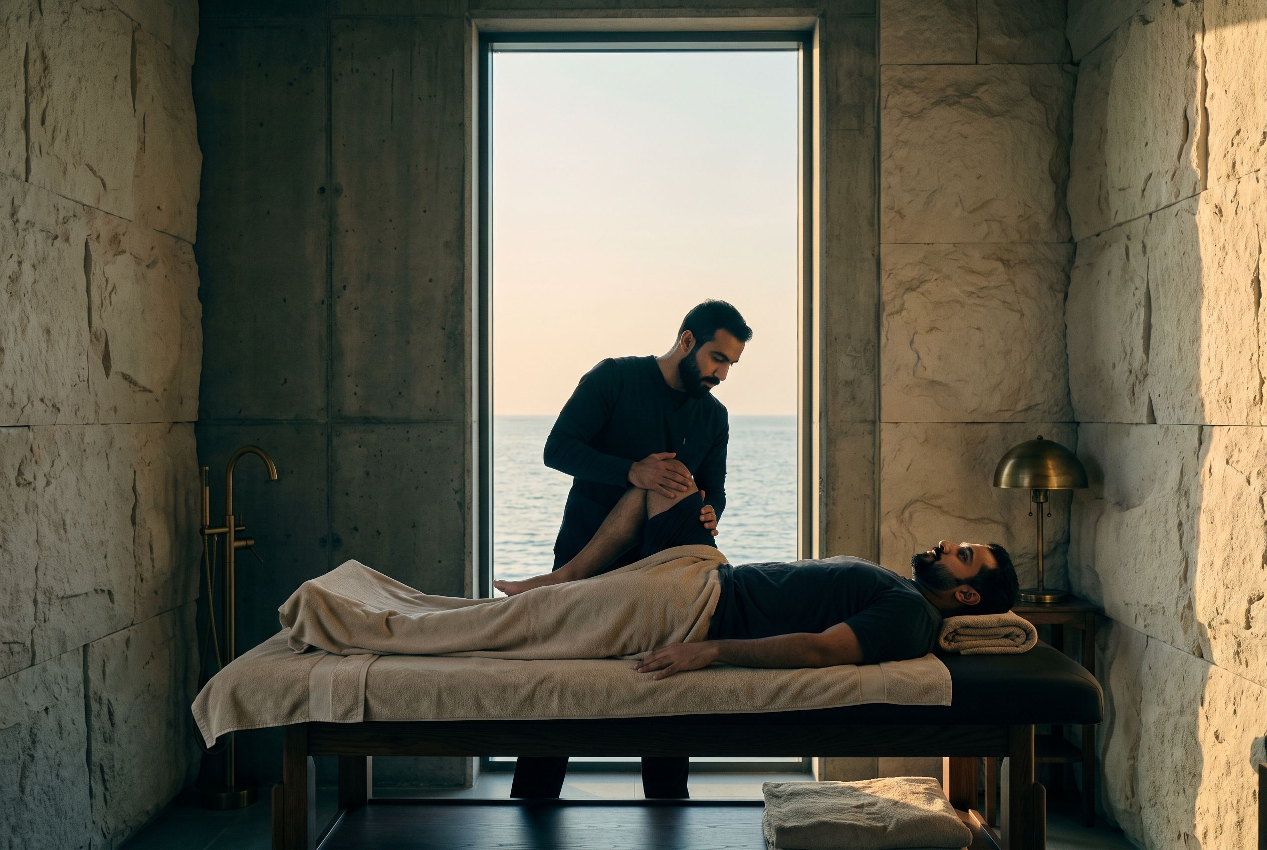 A physiotherapist guides a member through a hamstring stretch, the sea beyond the window.