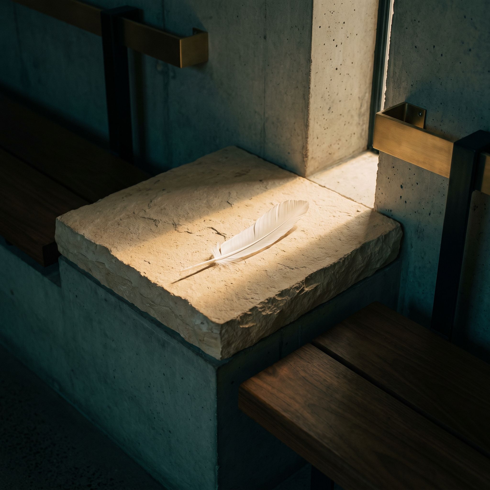 A single white feather resting on warm limestone in a beam of light.